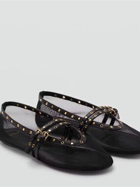 Mango Black Mesh Ballet Flats with Gold Studs
